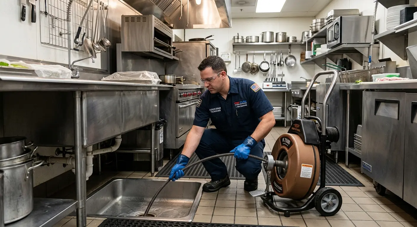 Commercial drain cleaning service in a restaurant kitchen in Lake Mathews
