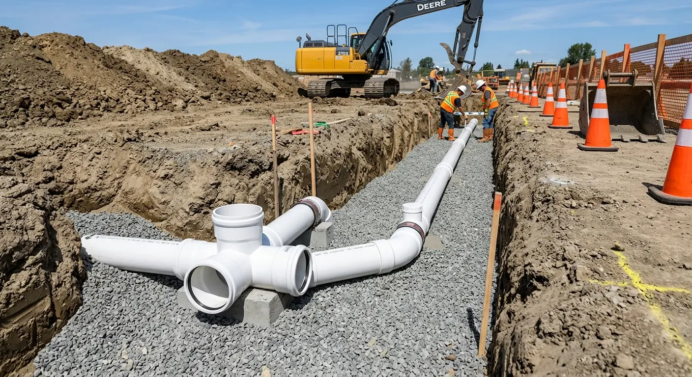 New PVC sewer pipe installation in open trench for Commercial Drain Cleaning in Lake Mathews