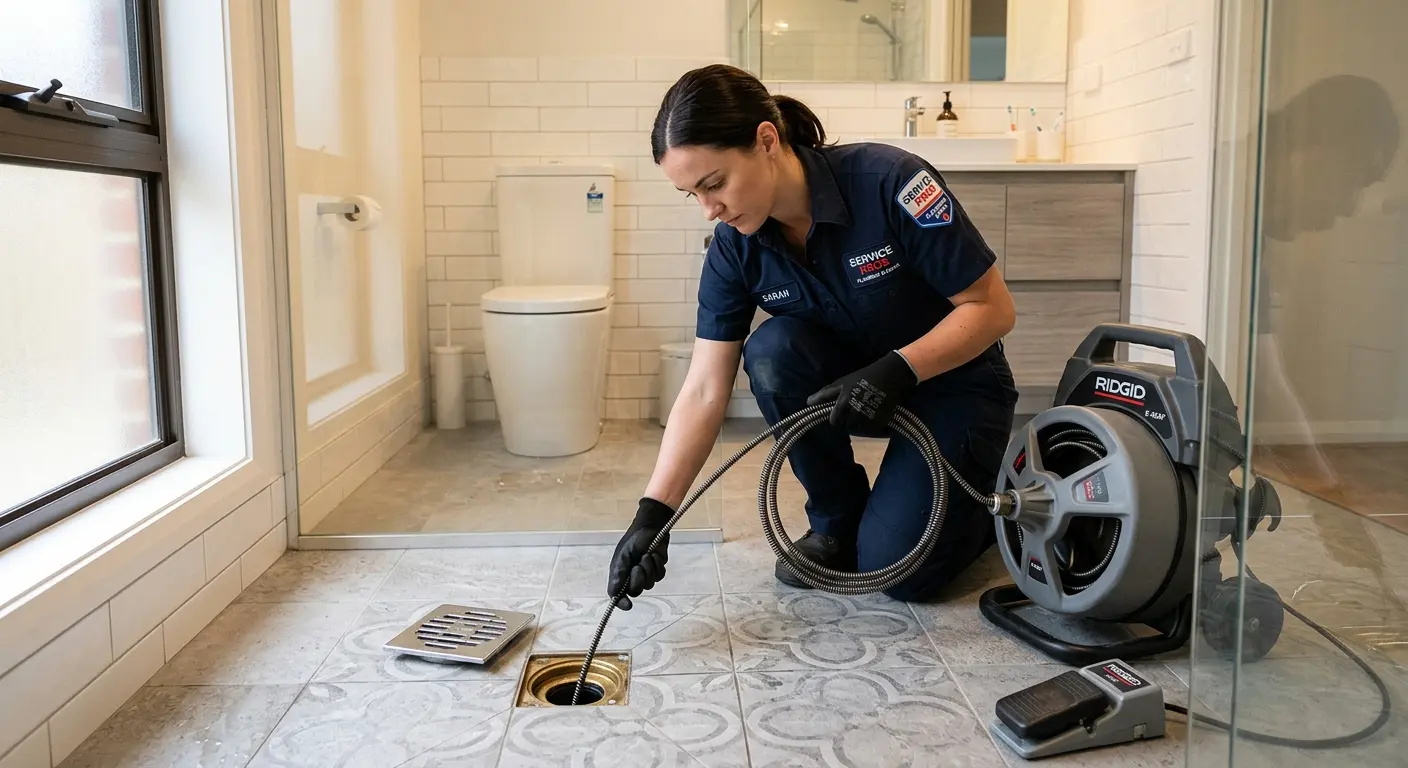 Technician clearing a bathroom floor drain for Hydro Jetting in Lake Mathews